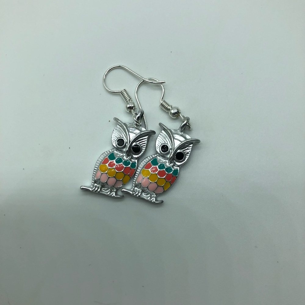 Colorful owl earrings, silver alloy, new in pack